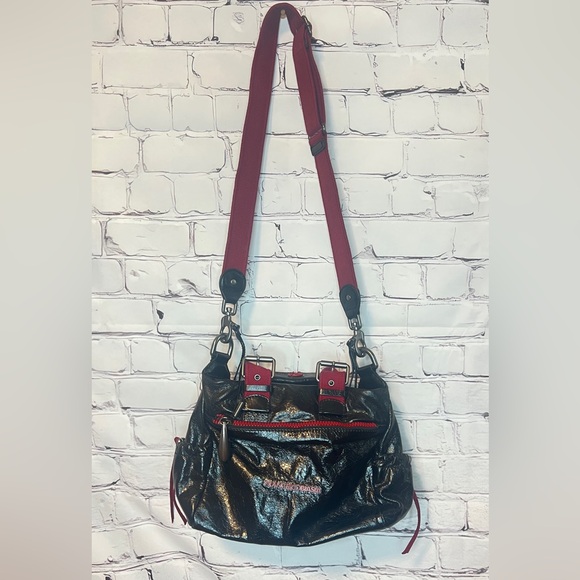 RARE FRANCESCO BIASIA BLACK RED LEATHER SHOULDER MESSENGER BAG - Picture 1 of 14